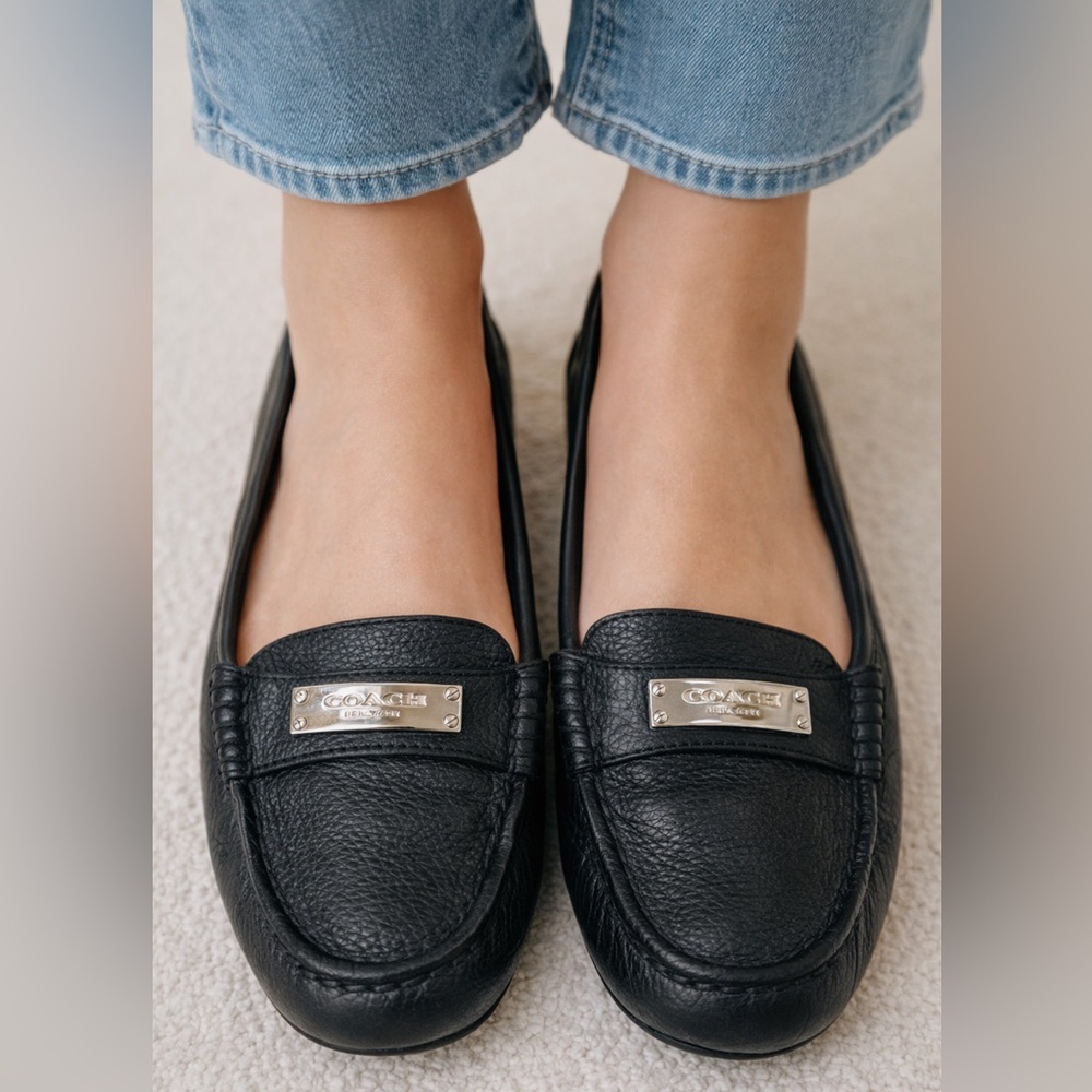 Coach Black Leather Flats with Silver Accents